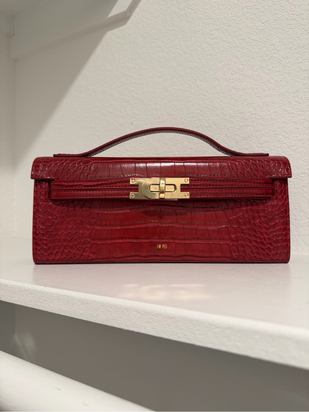 JW PEI Burgundy Croc-Embossed Top-Handle Clutch